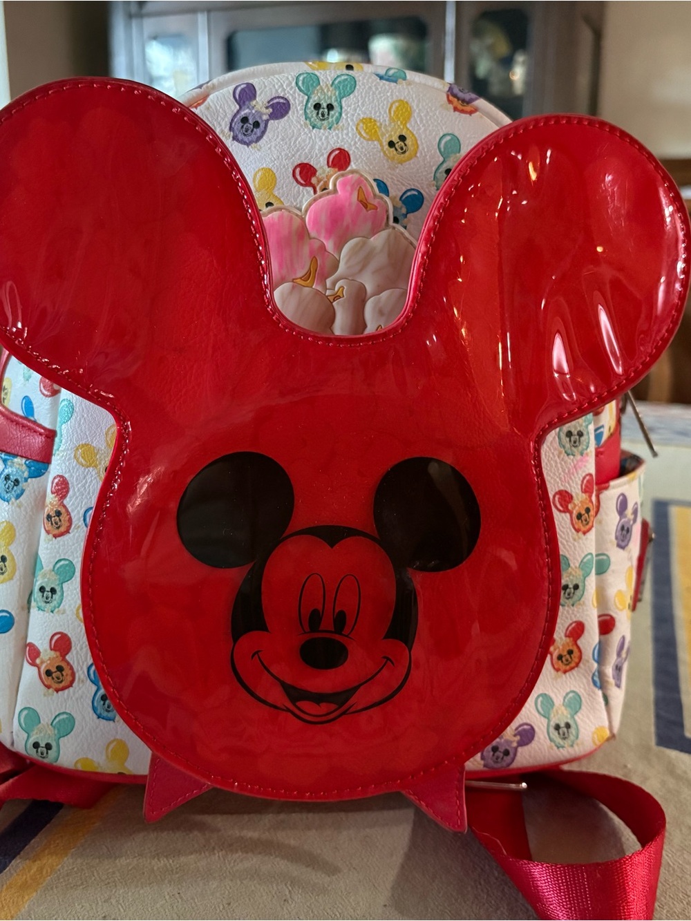 Loungefly Red Patent Mickey Head Backpack with Multicolor Print